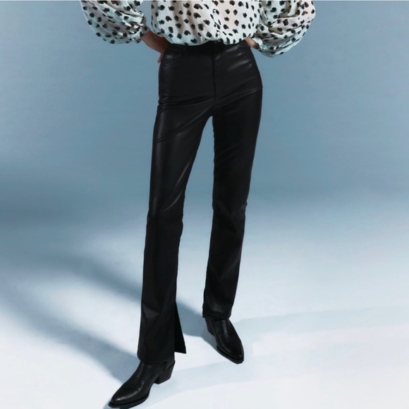 ZARA FULL LENGTH VEGAN LEATHER SPLIT HEM TROUSERS - Picture 4 of 6